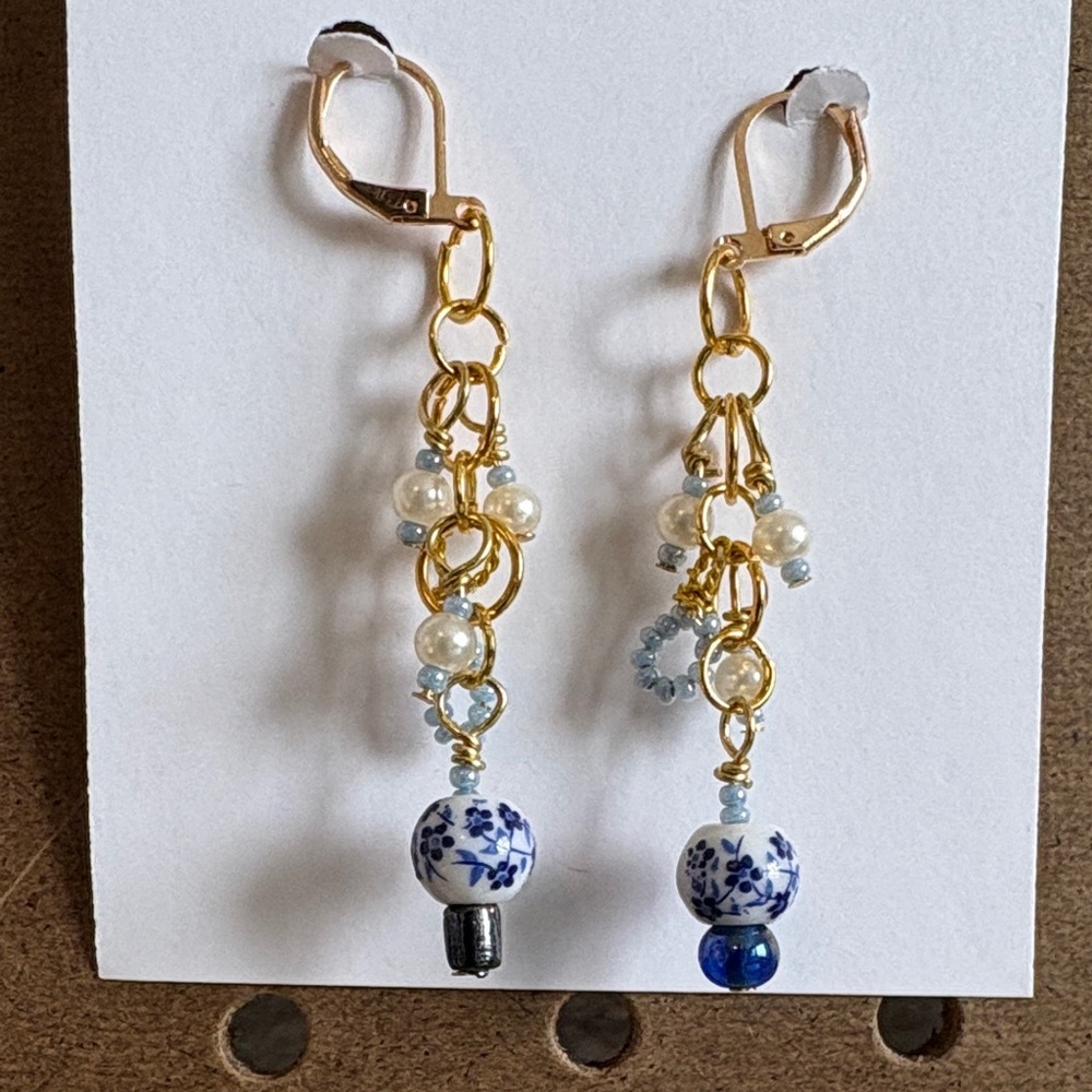 Gold-Tone Blue & White Porcelain Dangle Earrings - Hand Crafted